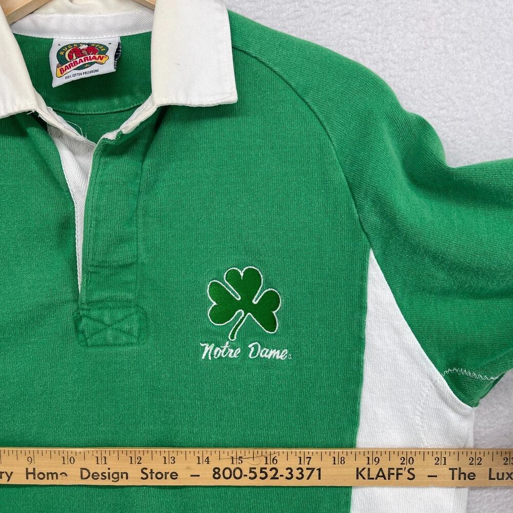 NOTRE DAME Shirt Mens L 90s BARBARIAN RUGBY Fighting Irish Shamrock Cotton Green - Picture 10 of 13